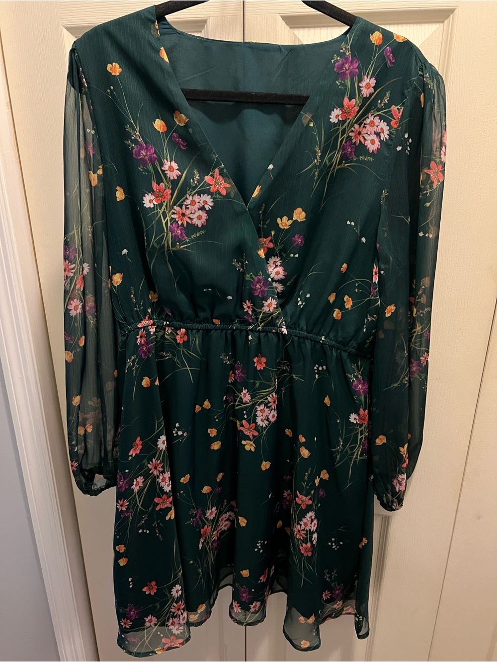 Women's Forest Green Floral V-Neck Long Sleeve Dress